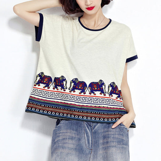 weißer lässiger Baumwollpullover mit Tiermuster in Übergröße, kurzärmeliges T-Shirt