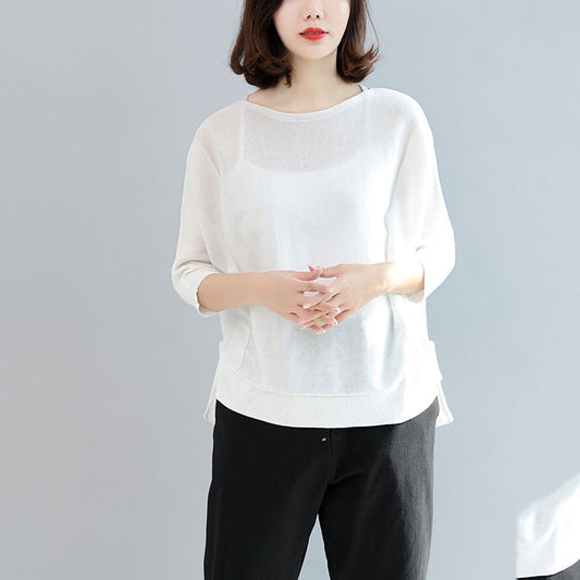 Weiße lässige Baumwolloberteile in Übergröße Bluse O-Ausschnitt T-Shirt seitlich offen