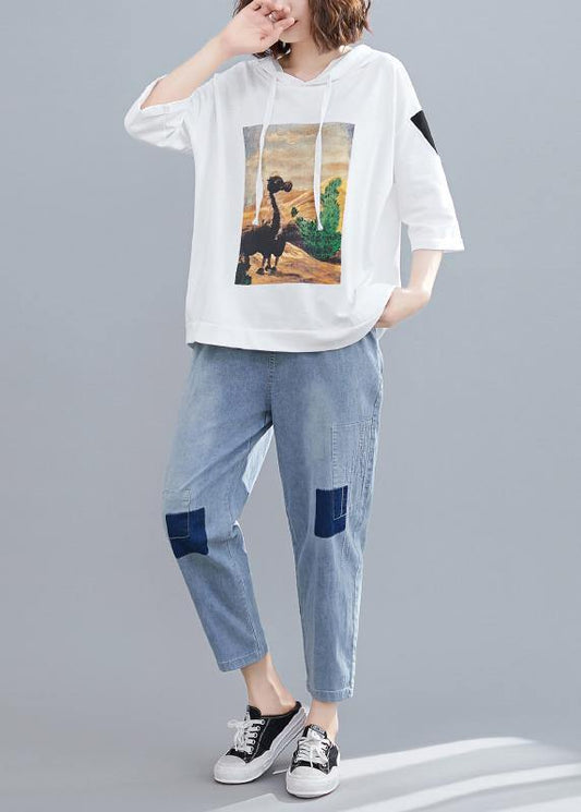 white casual prints hoode blouse women casual half sleeve tops - SooLinen