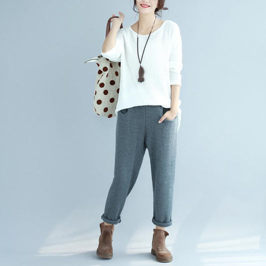 weiße lässige Woll-Strickbluse in Übergröße mit O-Ausschnitt