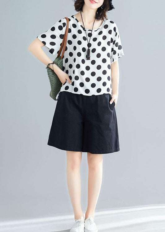 white dotted casual blended pullover and black elastic waist shorts - SooLinen