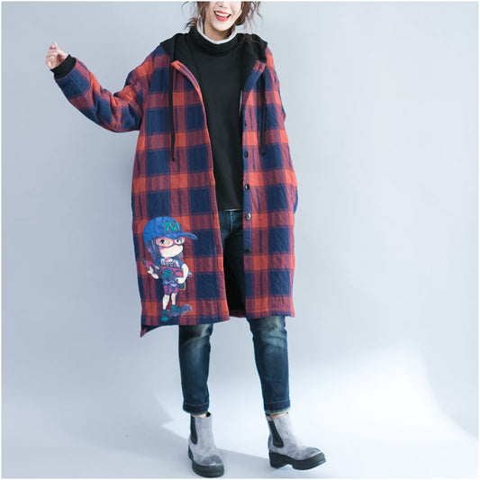 Winter-Cardigans aus Baumwolle mit Cartoon-Prints in Übergröße, lässig, rotes Gitter, dicke Trenchcoats mit Kapuze