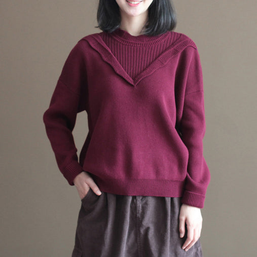 Winter lässig Burgund Spitzenkragen Baumwollpullover lose warme Strickoberteile