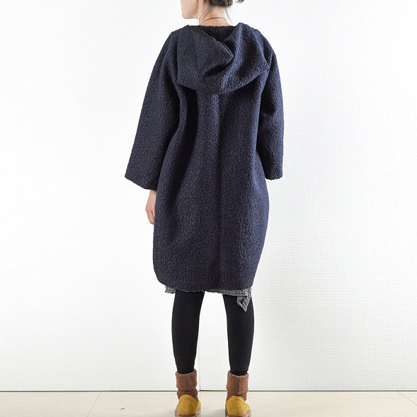 Wintermäntel 2024 Marineblaue Wollmäntel in Übergröße, süße Jacke, Damen, Wintermantel mit Kapuze