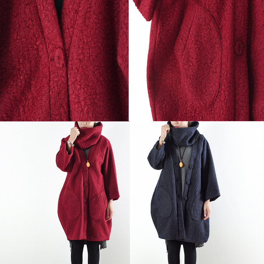 Wintermäntel 2024 Marineblaue Wollmäntel in Übergröße, süße Jacke, Damen, Wintermantel mit Kapuze