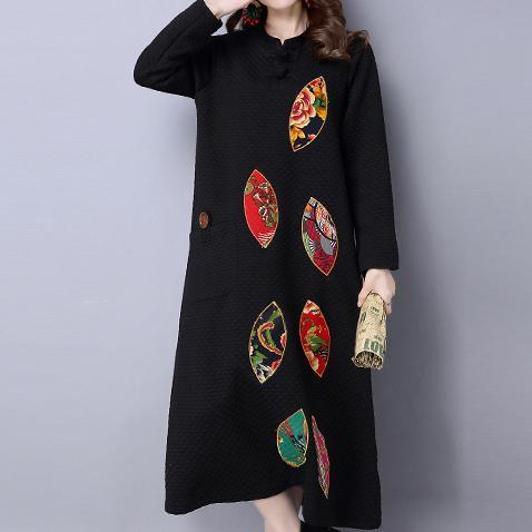 Winter dicke schwarze Baumwolle Stickerei Kleider übergroßen Vintage Maxi-Kleid