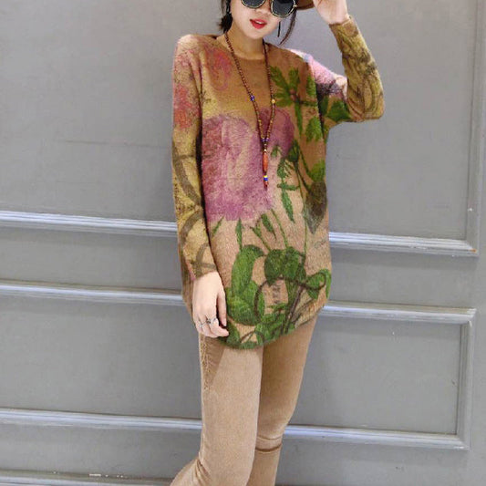 Winter dick bedruckter Baumwollpullover Pullover in Übergröße mit Rundhalsausschnitt, lässiges Strickoberteil