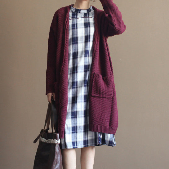 Winter Vintage Baumwoll-Mischpullover Strickjacken Burgunder Oversize Taschen Wickelstrickmantel