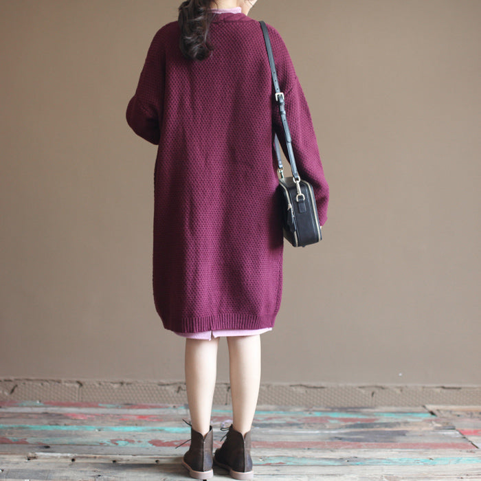 Winter Vintage Baumwoll-Mischpullover Strickjacken Burgunder Oversize Taschen Wickelstrickmantel