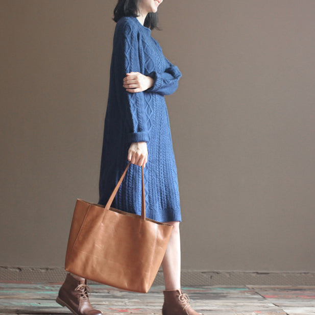 Winter Vintage dunkelblaue Baumwollpulloverkleider Plus Size Zopfmuster Freizeitkleid