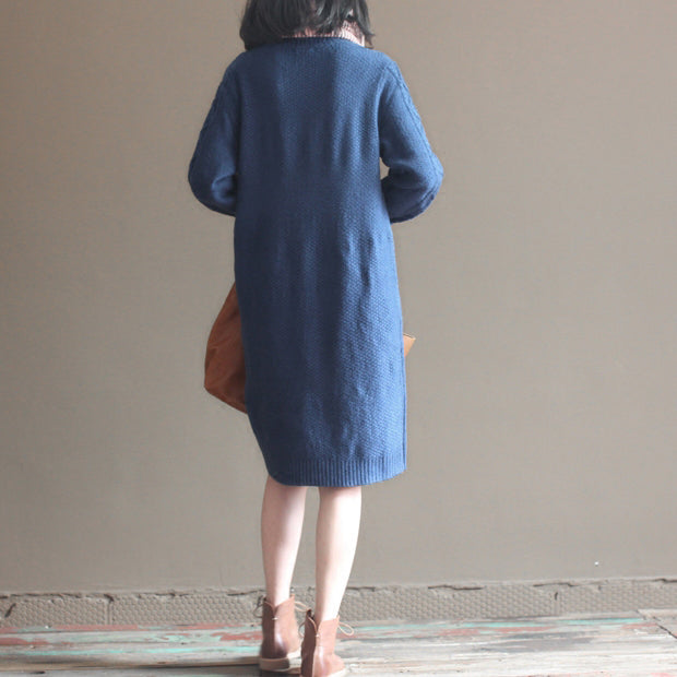 Winter Vintage dunkelblaue Baumwollpulloverkleider Plus Size Zopfmuster Freizeitkleid