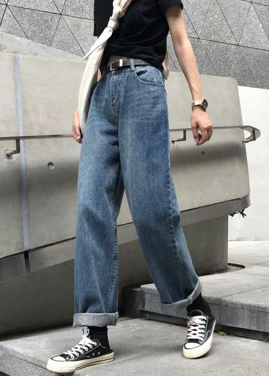 winter vintage denim blue pants high waist wide leg trousers - SooLinen