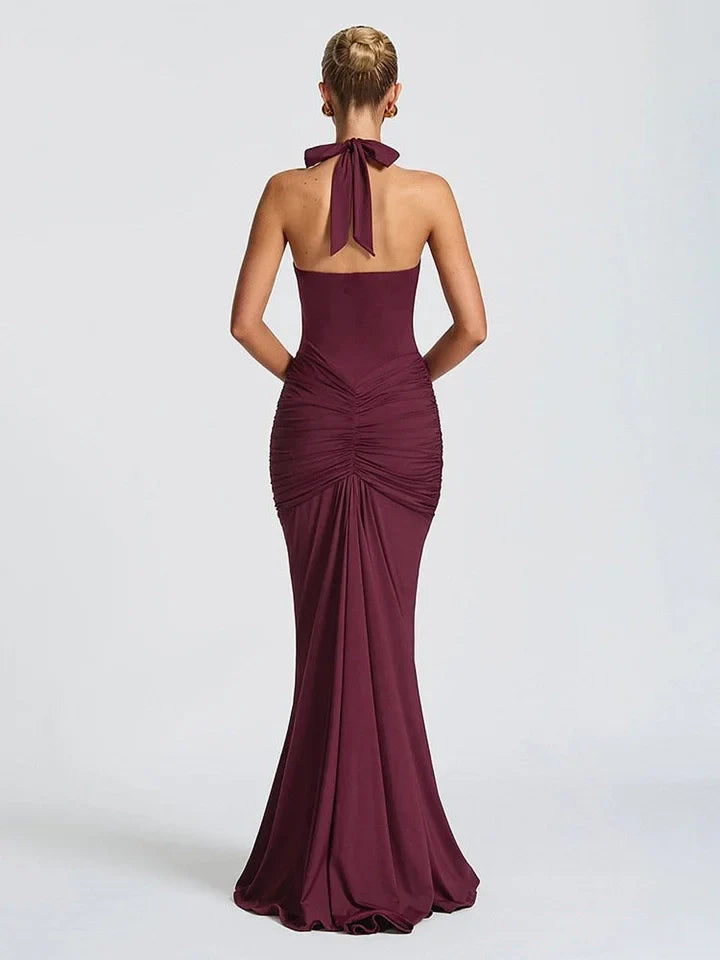 Halter V-Neck Open Back Gathered Maxi Dress
