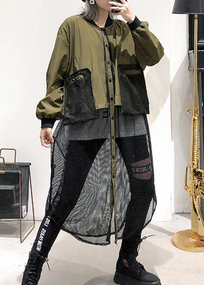 women army green Coats Loose pockets patchwork coat - SooLinen