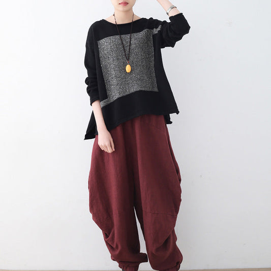 Frauen schwarz stricken pullover herbst mode patchwork pullover Neue o neck herbst bluse