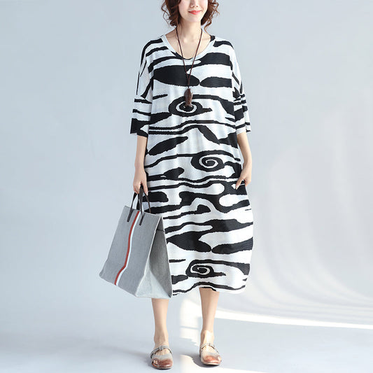 Schwarzes Kniekleid aus Baumwolle für Damen, trendiges Freizeitkleid in Übergröße, neue kurzärmelige, asymmetrische, gestreifte Baumwollkleider