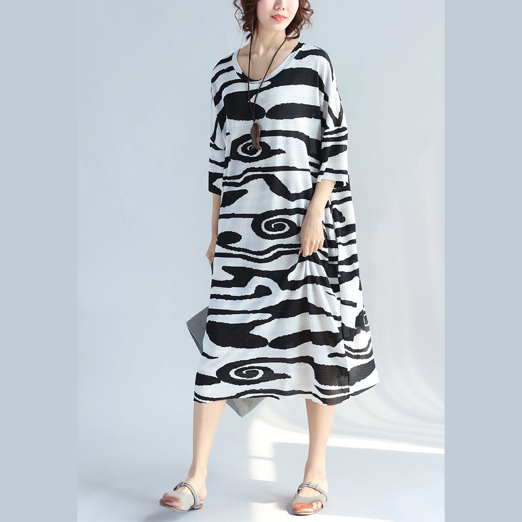 Schwarzes Kniekleid aus Baumwolle für Damen, trendiges Freizeitkleid in Übergröße, neue kurzärmelige, asymmetrische, gestreifte Baumwollkleider
