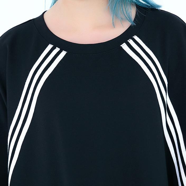 Schwarzes Kniekleid in Übergröße für Frauen mit Fledermausärmeln, Baggy-Kleider aus feiner Baumwolle mit Rundhalsausschnitt