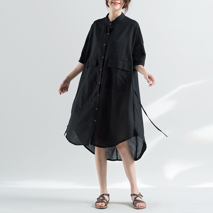 Frauen schwarz natürliche Baumwolle Kleid Übergröße Kleidung Kleider 2018 Halbarm Stand natürliche Baumwolle Kleid