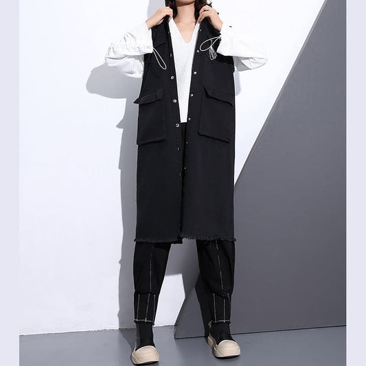 Schwarze Bluse aus reiner Baumwolle für Damen in Übergröße, Umlegekragen, Taschen, Reisebluse, Vintage, ärmellos, Baumwolloberteile mit Reißverschluss