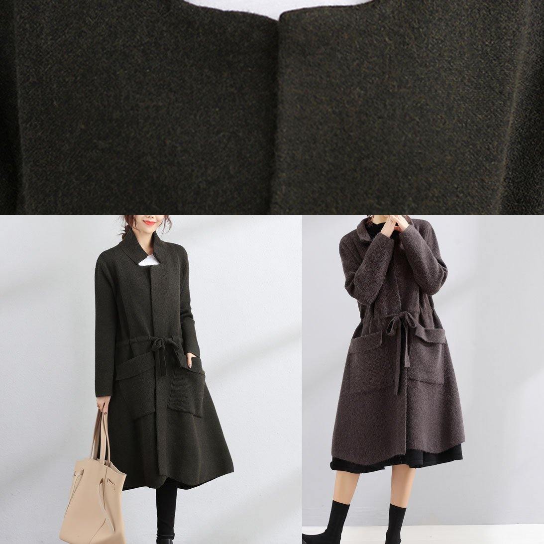 women black wool coat plus size trench coat fall Square Collar tie waist - SooLinen