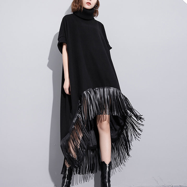 Schwarze Woll-Polyester-Kleider für Damen in Übergröße, niedriges und hohes Design, Maxikleider mit feiner Quaste