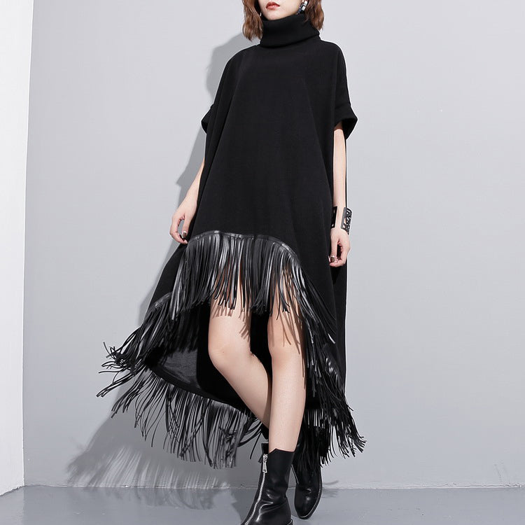 Schwarze Woll-Polyester-Kleider für Damen in Übergröße, niedriges und hohes Design, Maxikleider mit feiner Quaste