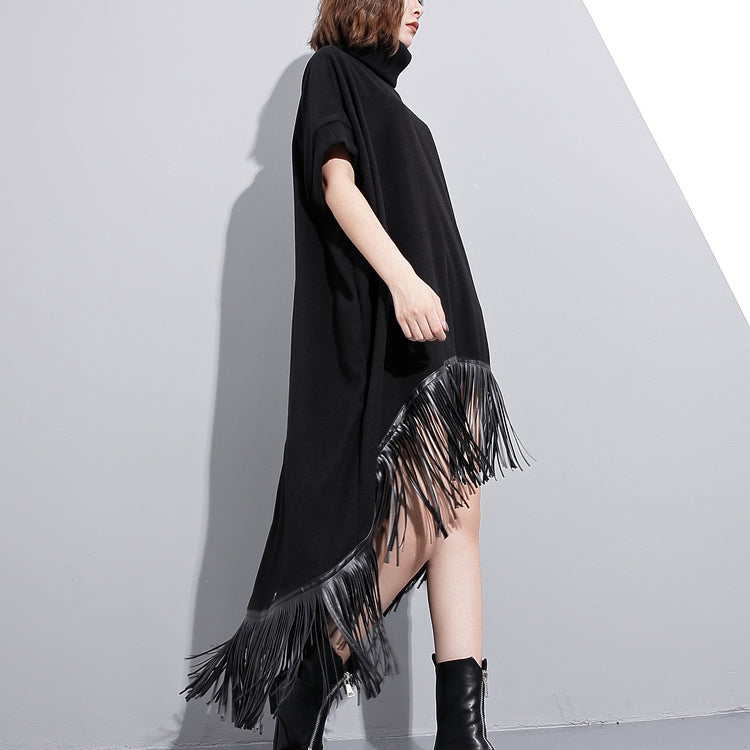 Schwarze Woll-Polyester-Kleider für Damen in Übergröße, niedriges und hohes Design, Maxikleider mit feiner Quaste