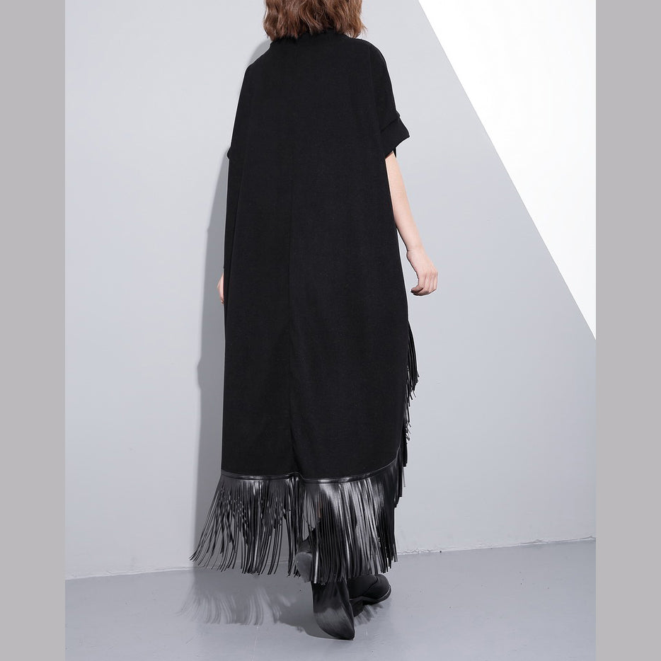 Schwarze Woll-Polyester-Kleider für Damen in Übergröße, niedriges und hohes Design, Maxikleider mit feiner Quaste