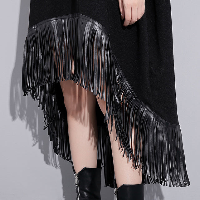 Schwarze Woll-Polyester-Kleider für Damen in Übergröße, niedriges und hohes Design, Maxikleider mit feiner Quaste