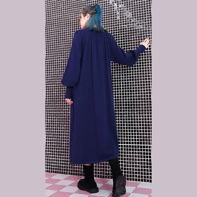 Frauen blau herbst casual stehkragen reise kleid 2018 taschen baggy kleider