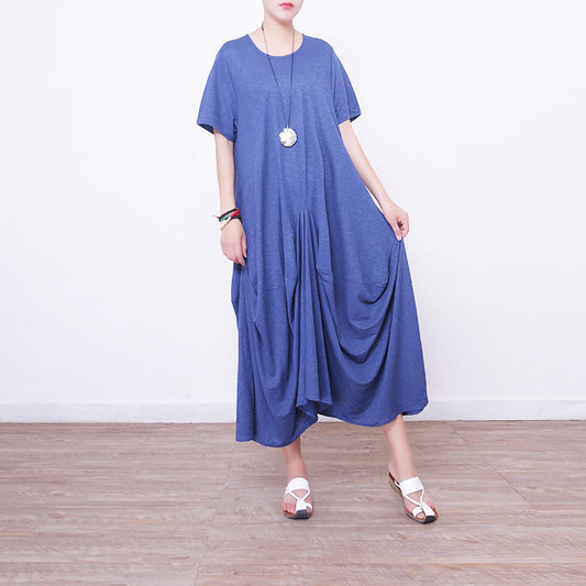 Blaues Leinen-Maxikleid für Damen, Oversize-Maxikleid aus Leinen mit O-Ausschnitt, 2018, asymmetrische Kaftane
