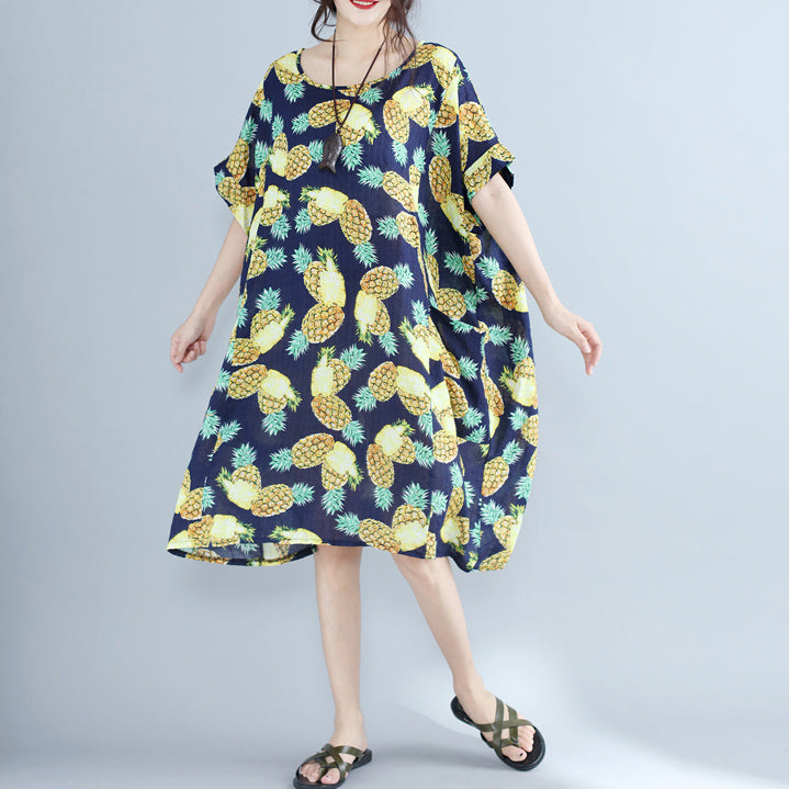 Frauen Blaupausen Reine Chiffon Kleider Übergroße Urlaub Kleider 2024 O Neck Große Taschen Chiffon Kleider