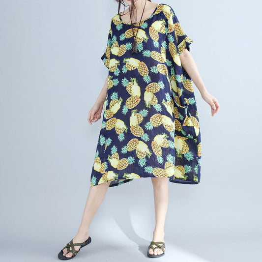 Frauen Blaupausen Reine Chiffon Kleider Übergroße Urlaub Kleider 2024 O Neck Große Taschen Chiffon Kleider