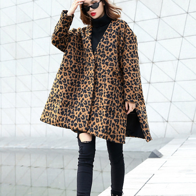 Frauen braun Leopard mantel lässig v hals taschen Winter mantel Elegante seite offene mäntel