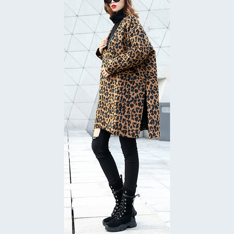 Frauen braun Leopard mantel lässig v hals taschen Winter mantel Elegante seite offene mäntel