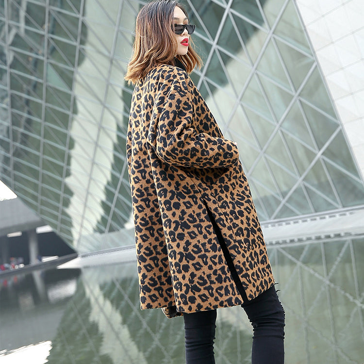 Frauen braun Leopard mantel lässig v hals taschen Winter mantel Elegante seite offene mäntel