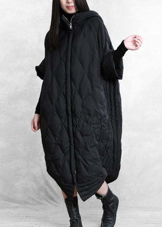 women casual down jacket overcoat black hooded zippered goose Down coat - SooLinen