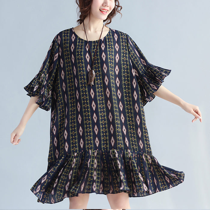 Damen Chiffonkleider mit dunkelblauen Drucken, trendiges Chiffon-Maxikleid in Übergröße, eleganter Rüschensaum, Rüschenärmel, süßes Chiffonkleid