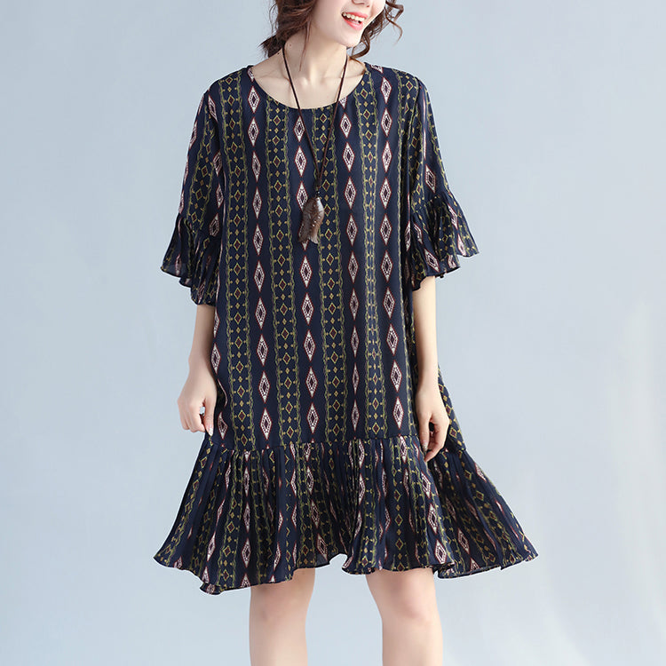 Damen Chiffonkleider mit dunkelblauen Drucken, trendiges Chiffon-Maxikleid in Übergröße, eleganter Rüschensaum, Rüschenärmel, süßes Chiffonkleid
