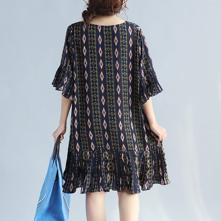 Damen Chiffonkleider mit dunkelblauen Drucken, trendiges Chiffon-Maxikleid in Übergröße, eleganter Rüschensaum, Rüschenärmel, süßes Chiffonkleid