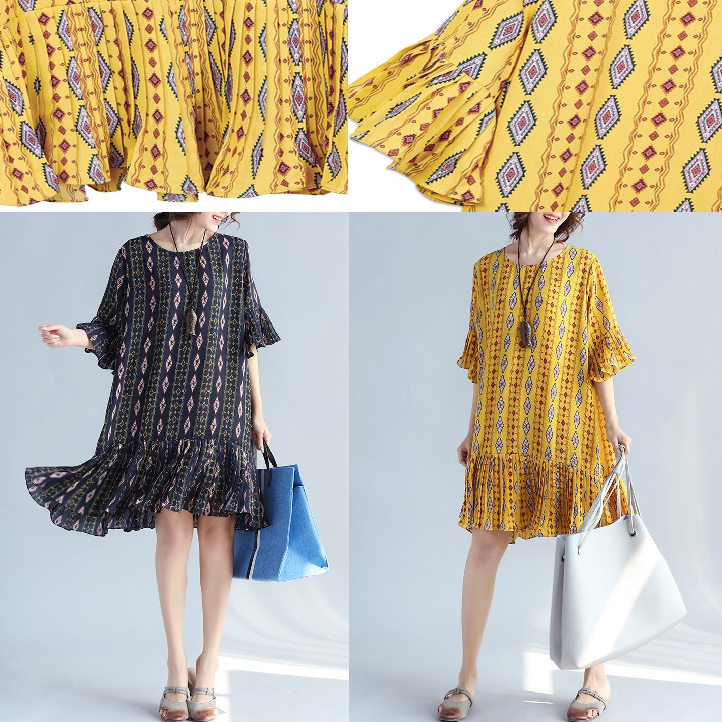 Damen Chiffonkleider mit dunkelblauen Drucken, trendiges Chiffon-Maxikleid in Übergröße, eleganter Rüschensaum, Rüschenärmel, süßes Chiffonkleid