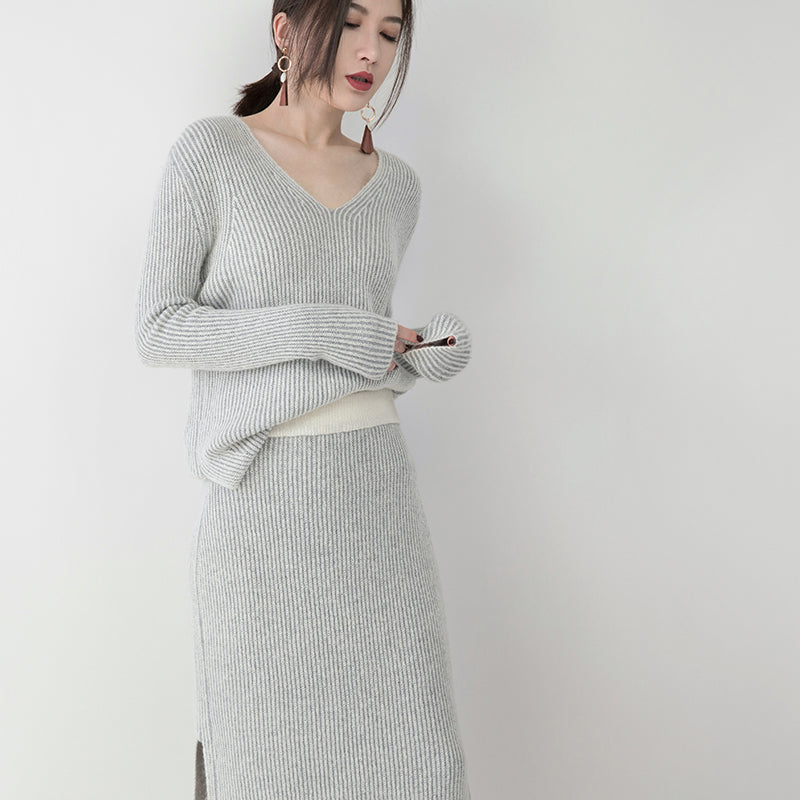 Graue Strickpullover für Damen in Übergröße, V-Ausschnitt, Strickblusen, Vintage-Rock mit seitlichem Öffnung, zweiteilig