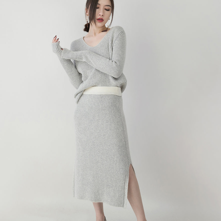Graue Strickpullover für Damen in Übergröße, V-Ausschnitt, Strickblusen, Vintage-Rock mit seitlichem Öffnung, zweiteilig