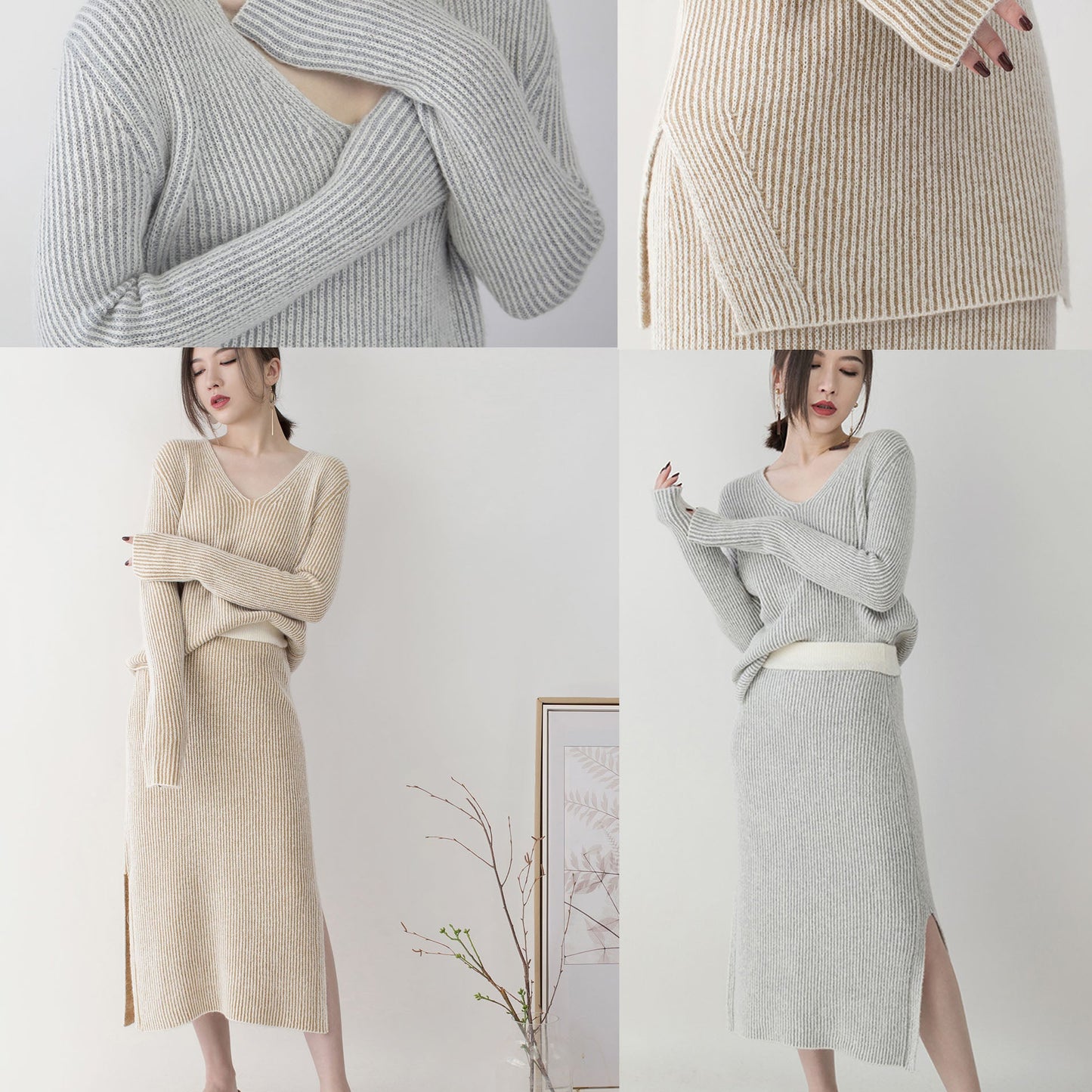 Graue Strickpullover für Damen in Übergröße, V-Ausschnitt, Strickblusen, Vintage-Rock mit seitlichem Öffnung, zweiteilig