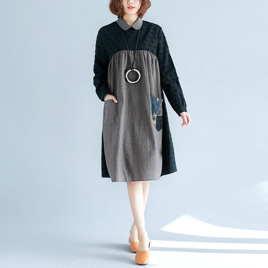 Damen grün karierte Kleider aus reiner Baumwolle in Übergröße, elegante Langarmtaschen, Peter-Pan-Kragen, Patchwork-Baumwollkleider