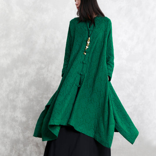 Grüner Mantel aus Wollmischung für Damen, locker sitzend, asymmetrischer Oberbekleidungs-Boutique-Stil, lange Ärmel, Taschen, großer Saum, Trenchcoat