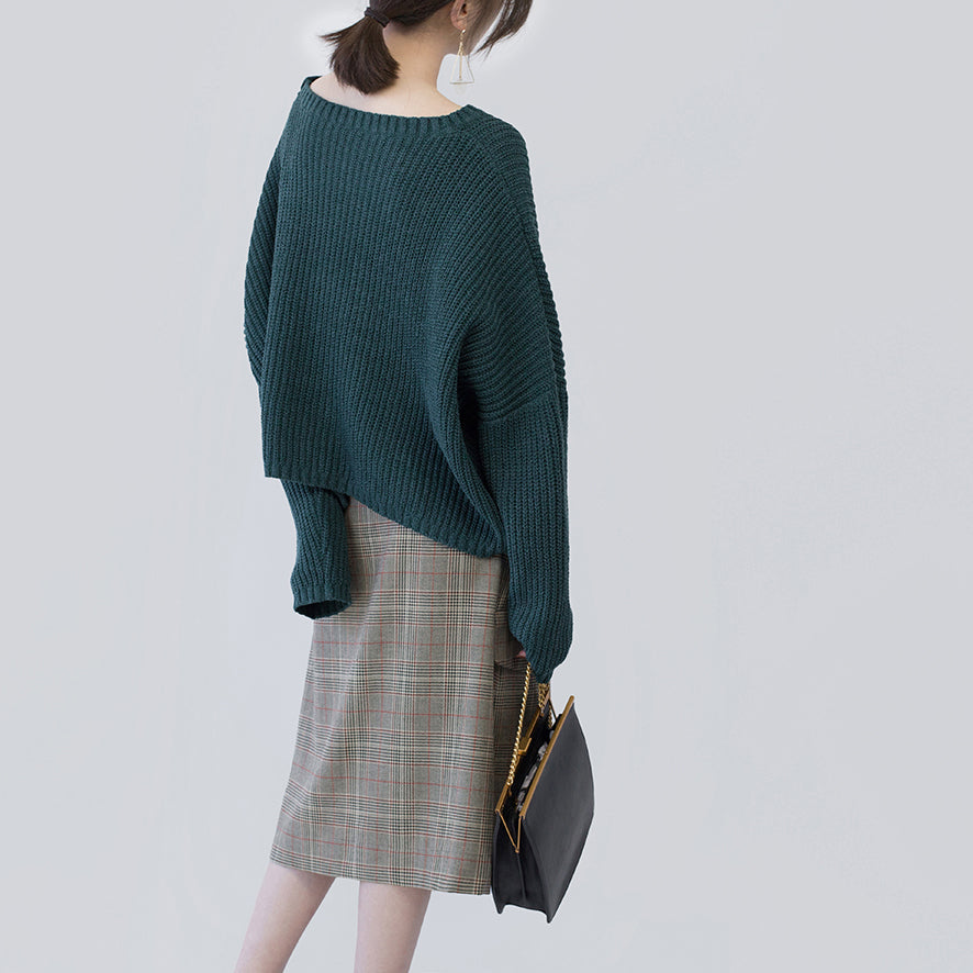 Grüne Strickoberteile für Frauen, übergroße O-Ausschnitt-Baggy-Strickoberteile, Fledermausärmel-Winterpullover für Frauen