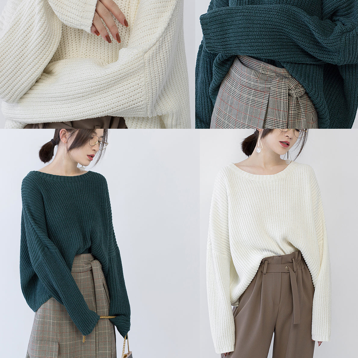 Grüne Strickoberteile für Frauen, übergroße O-Ausschnitt-Baggy-Strickoberteile, Fledermausärmel-Winterpullover für Frauen