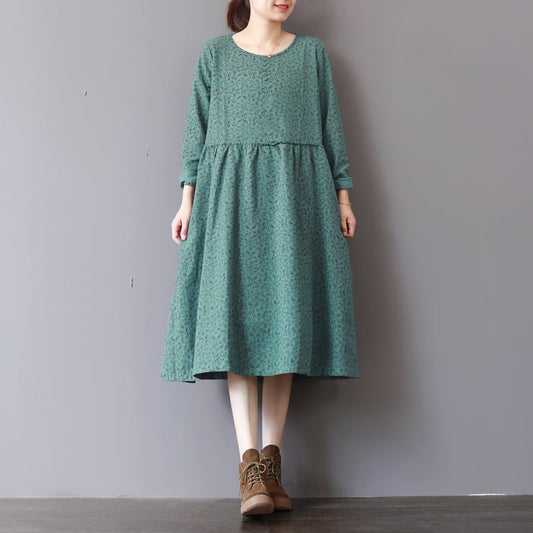 Damen grüne Drucke 2018 Herbstkleid lässig Patchwork Herbstkleider Neue Langarm-Maxikleider